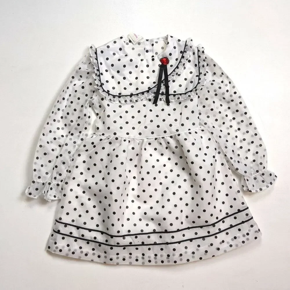 Vintage Roanna Dress Girls Size 6 Black & White Polka Dot Sheer